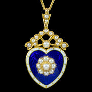Antique Edwardian Pearl Heart Pendant Necklace 18ct Gold Blue Enamel