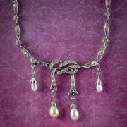 Antique Edwardian Pearl Paste Love Knot Lavaliere Necklace Silver Circa 1905 front