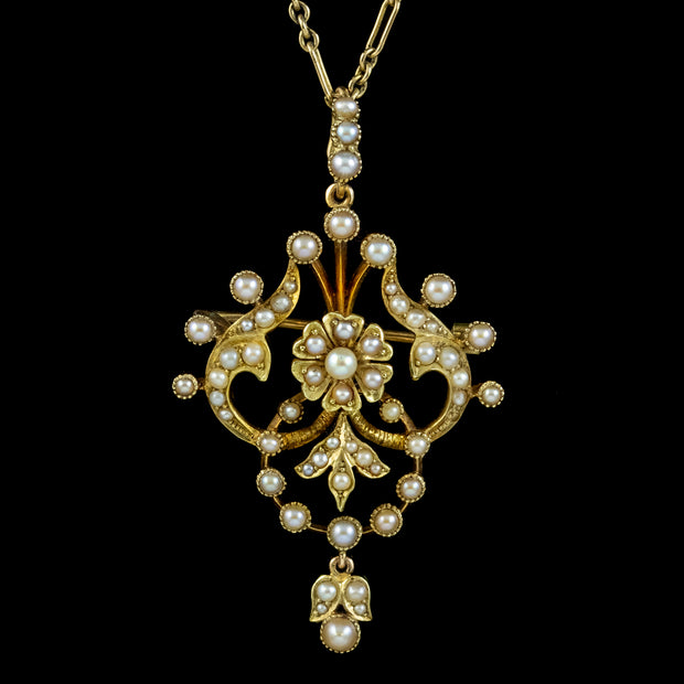 Antique Edwardian Pearl Pendant Necklace 15ct Gold 