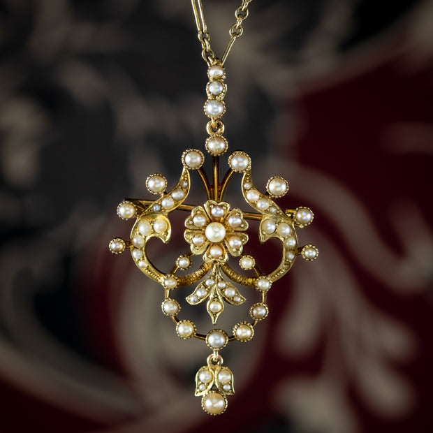 Antique Edwardian Pearl Pendant Necklace 15ct Gold 