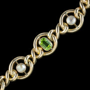 Antique Edwardian Peridot Pearl Curb Bracelet 9ct Gold 