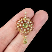 Antique Edwardian Peridot Pearl Flower Pendant 15ct Gold
