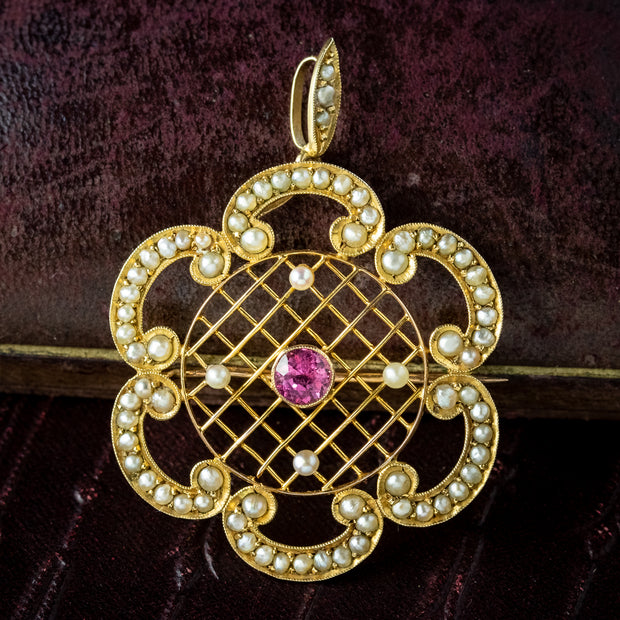 Antique Edwardian Pink Tourmaline Pearl Brooch 9ct Gold