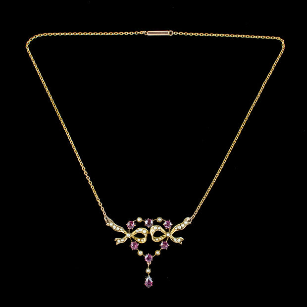 Antique Edwardian Pink Tourmaline Pearl Lavaliere Necklace 9ct Gold