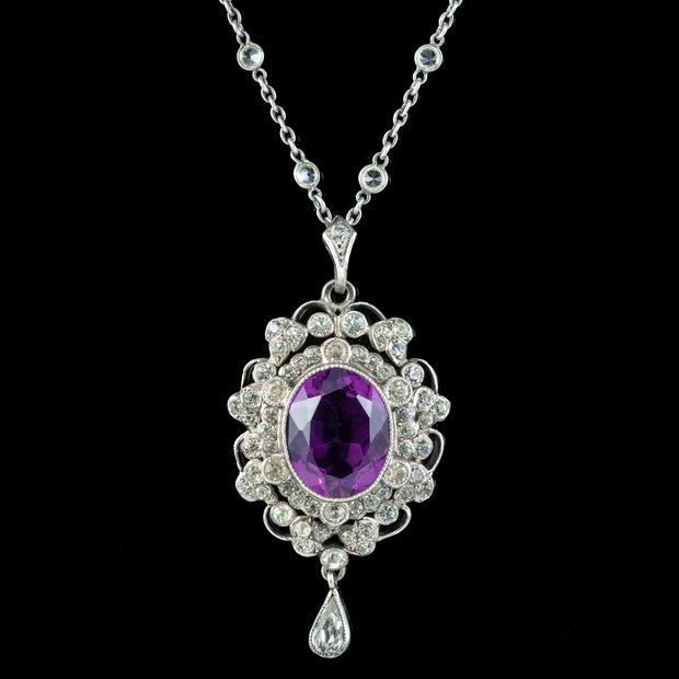 Antique Edwardian Purple Paste Pendant Necklace Silver