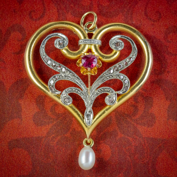 Antique Edwardian Ruby Diamond Pearl Heart Pendant 15ct Gold Circa 1905