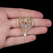 Antique Edwardian Ruby Diamond Pearl Heart Pendant 15ct Gold Circa 1905