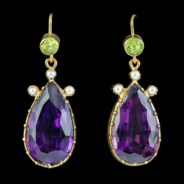 Antique Edwardian Suffragette Amethyst Peridot Pearl Earrings 18ct Gol ...