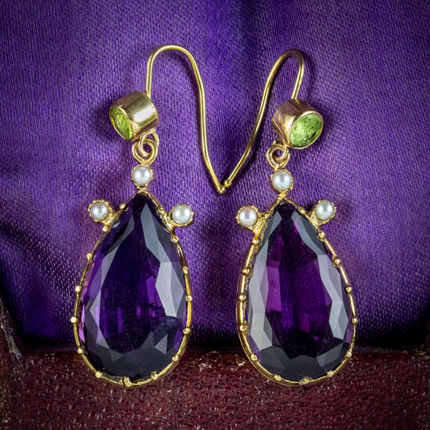 Antique Edwardian Suffragette Amethyst Peridot Pearl Earrings 18ct Gol ...