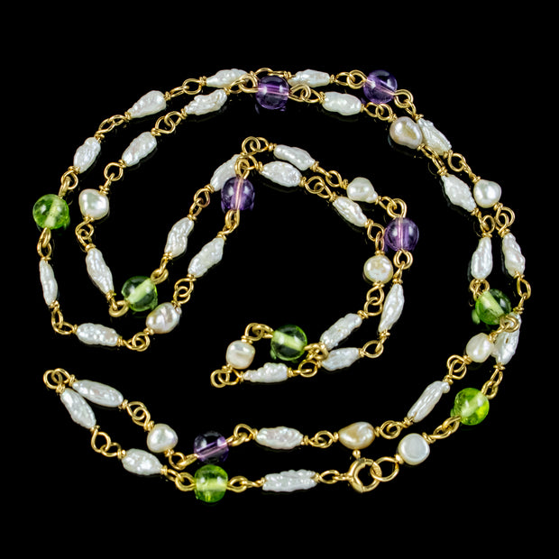 Antique Edwardian Suffragette Chain Necklace Pearl Amethyst Peridot