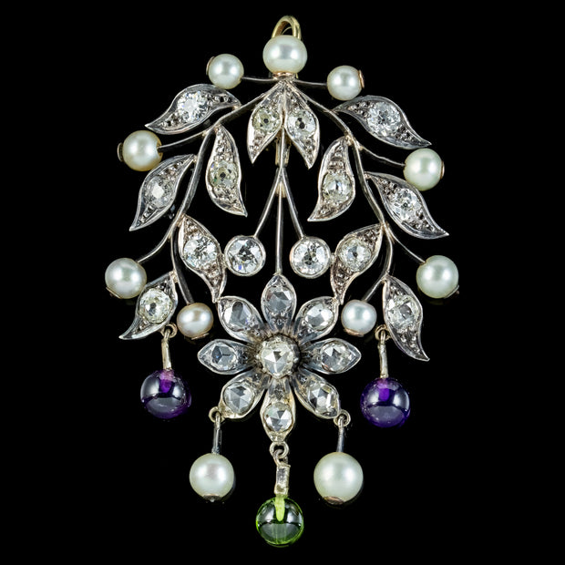 Antique Suffragette Floral Pendant Amethyst Peridot Diamond Pearl Silver 18ct Gold Circa 1910