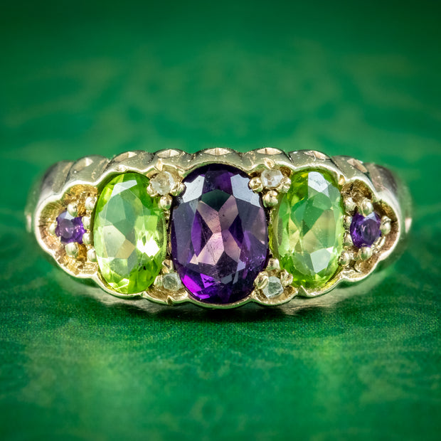 Antique Edwardian Suffragette Ring Amethyst Peridot Diamond