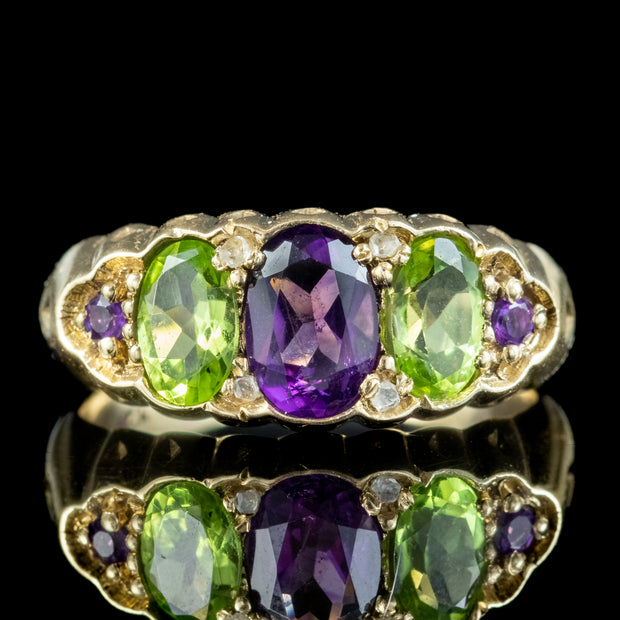 Antique Edwardian Suffragette Ring Amethyst Peridot Diamond