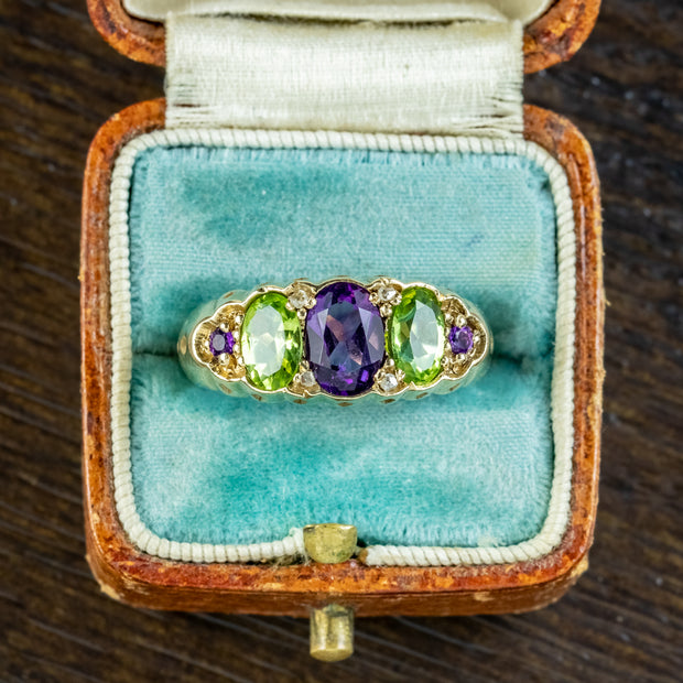 Antique Edwardian Suffragette Ring Amethyst Peridot Diamond