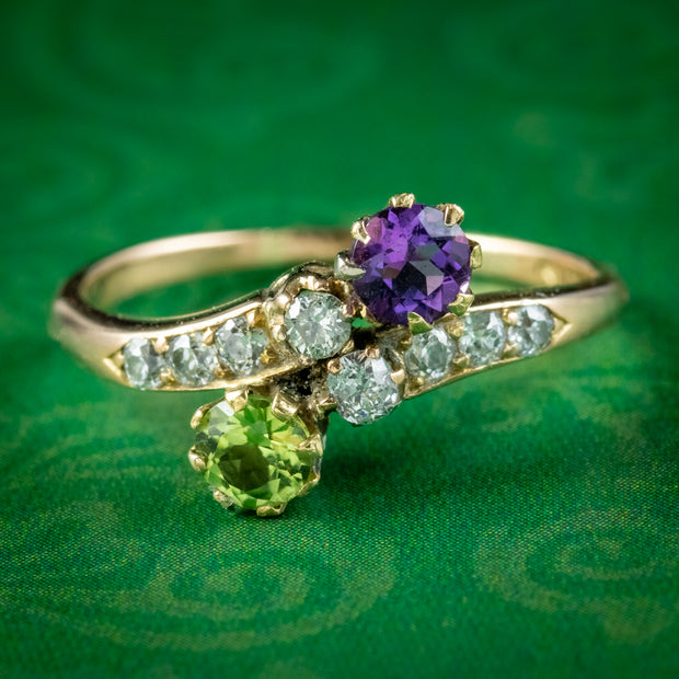 Antique Edwardian Suffragette Ring Diamond Amethyst Peridot Circa 1910