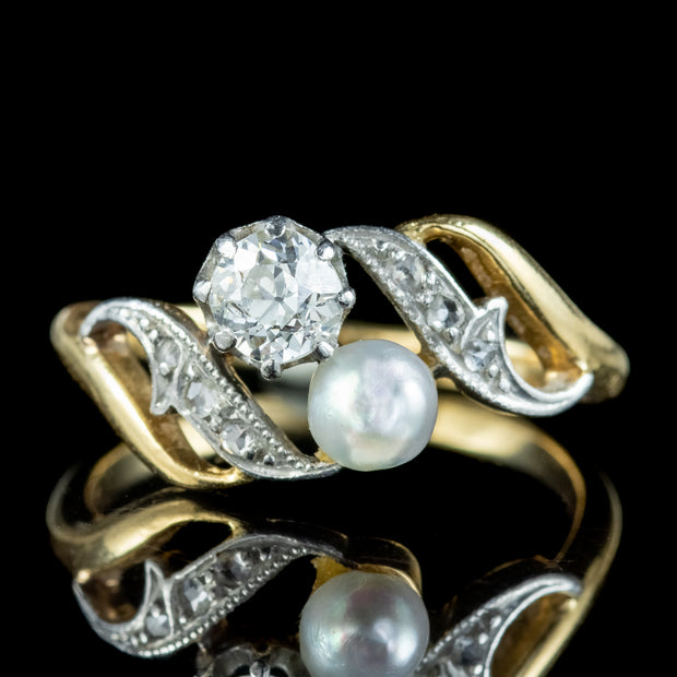 Antique Edwardian Toi Et Moi Diamond Pearl Twist Ring