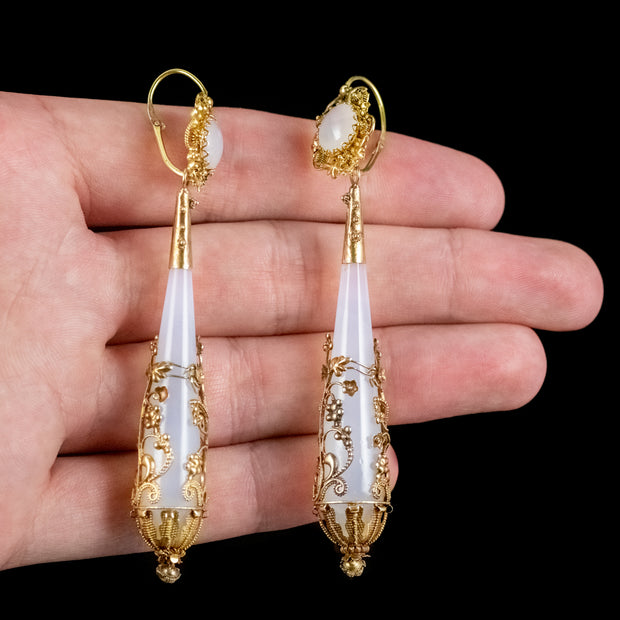 Antique Georgian Day And Night Chalcedony Drop Earrings 18ct Gold Circa 1800