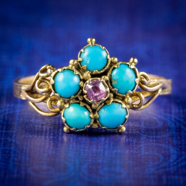 Antique Georgian Forget Me Not Turquoise Ruby Ring Circa 1800