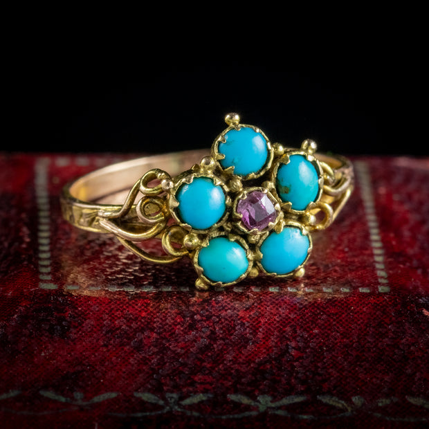 Antique Georgian Forget Me Not Turquoise Ruby Ring Circa 1800