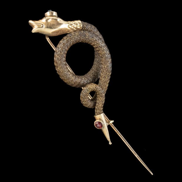 Antique Georgian Garnet Mourning Snake Pin 18ct Gold With Box 