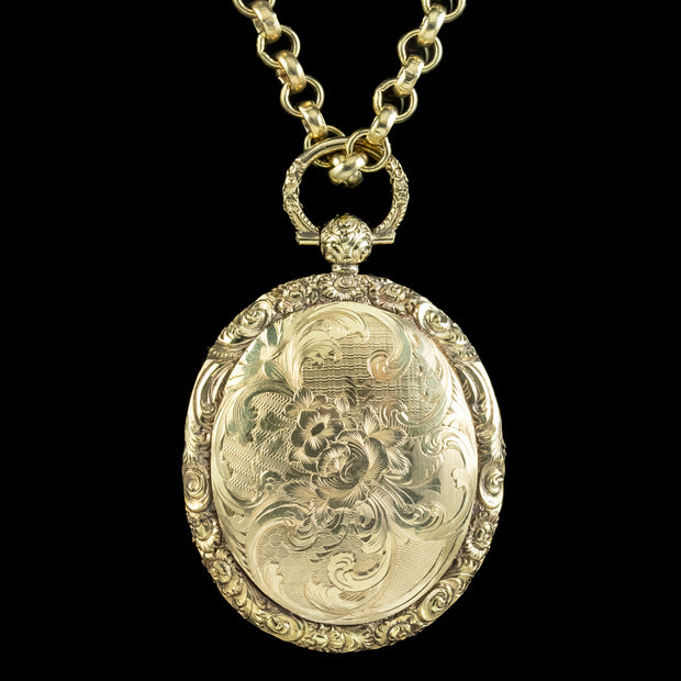 ANTIQUE GEORGIAN LOCKET AND CHAIN SILVER 18CT GOLD GILT front