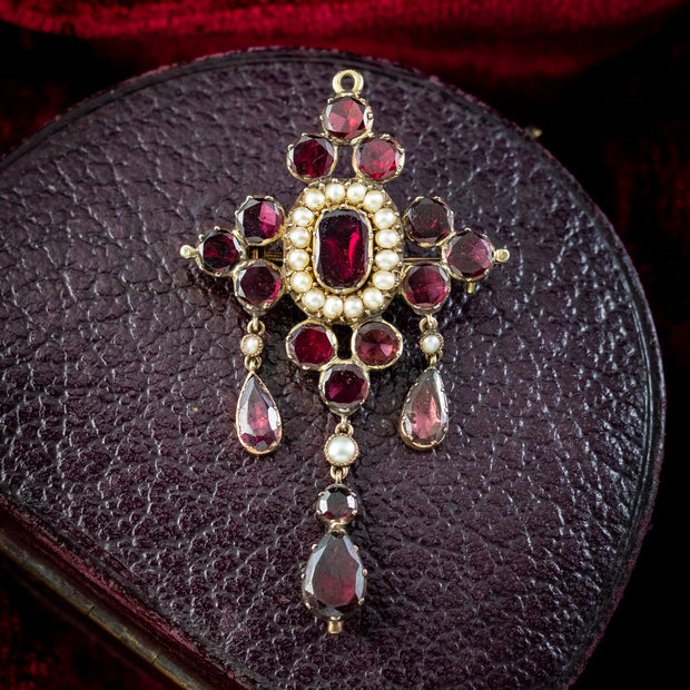 Antique Georgian Mourning Garnet Pearl Brooch 18ct Gold Hidden Locket