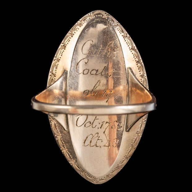 Antique Georgian Sepia Navette Mourning Ring Inscribed 1783
