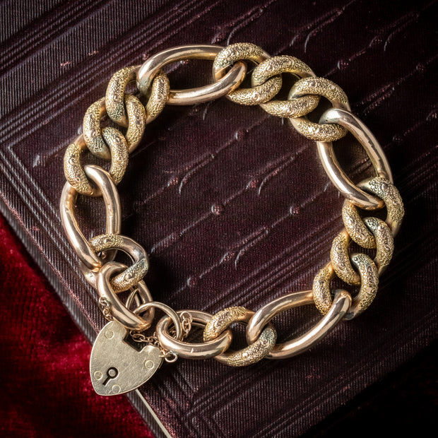 Antique Victorian 9ct Gold Chunky Curb Bracelet With Heart Padlock 