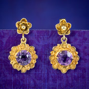 Antique Victorian Amethyst Flower Drop Earrings 9ct Gold