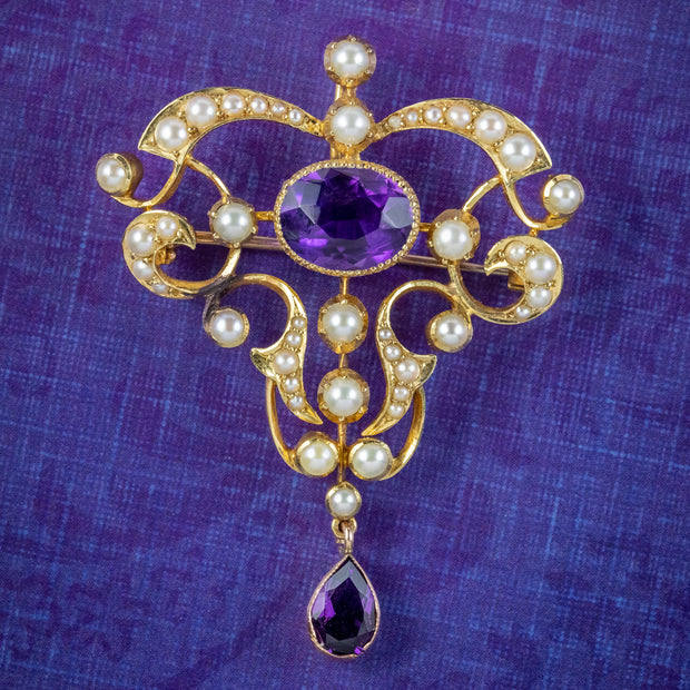Antique Victorian Amethyst Pearl Brooch 15ct Gold 