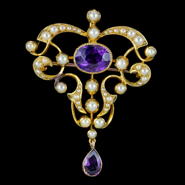 Antique Victorian Amethyst Pearl Brooch 15ct Gold
