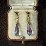 Antique Victorian Amethyst Pearl Drop Earrings 15ct Gold Circa 1900