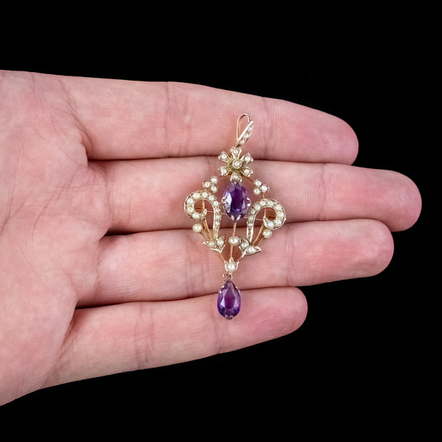 Antique Victorian Amethyst Pearl Pendant 9ct Gold