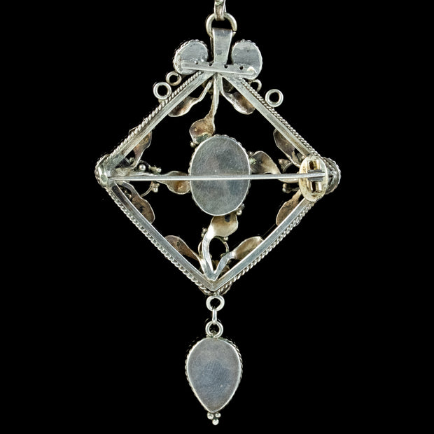 Antique Victorian Arts And Crafts Black Opal Pendant Necklace Silver Circa 1900