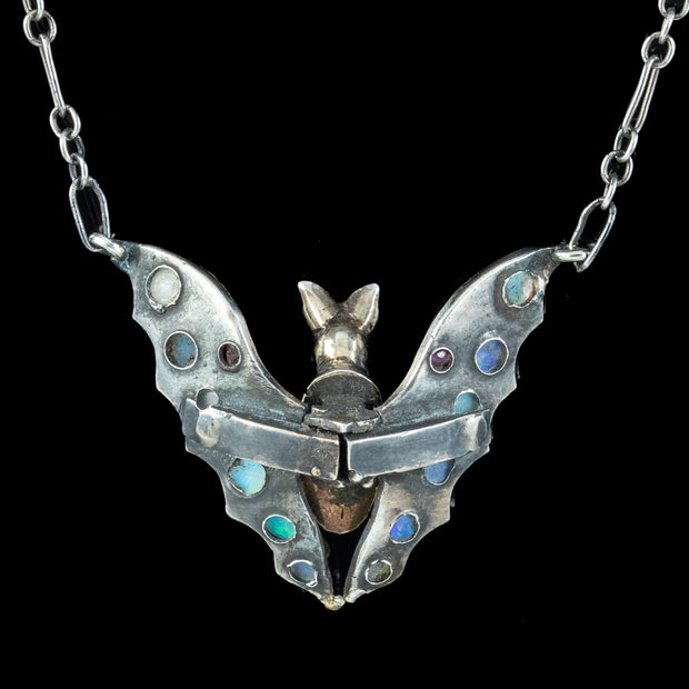 Antique Victorian Arts And Crafts Opal Ruby Bat Necklace 