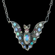Antique Victorian Arts And Crafts Opal Ruby Bat Necklace 