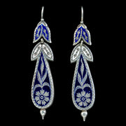 Antique Victorian Blue Enamel Floral Drop Earrings Silver Dated 1868