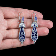 Antique Victorian Blue Enamel Floral Drop Earrings Silver Dated 1868