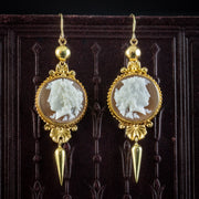 Antique Victorian Cameo Drop Earrings 18ct Gold Circa 1860