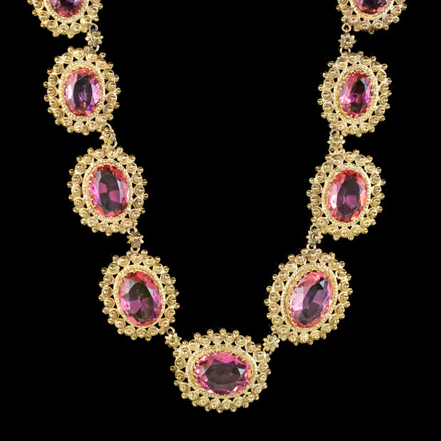 Antique Victorian Cannetille Pink Paste Collar Necklace 18ct Gold Gilt Circa 1860