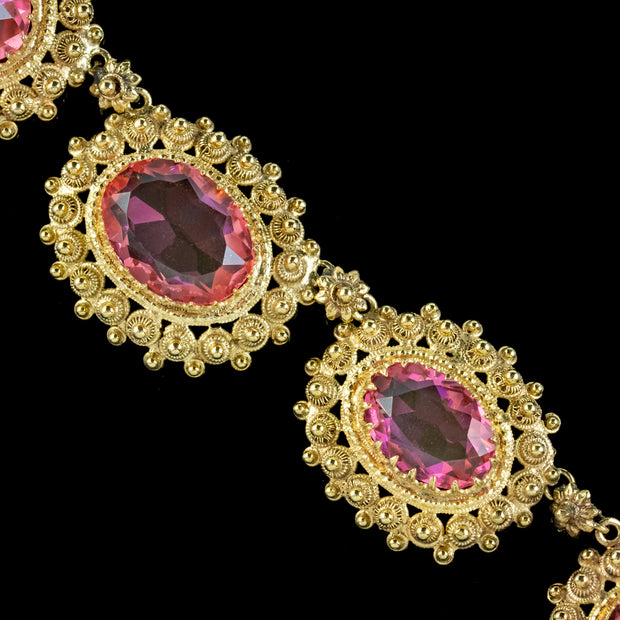 Antique Victorian Cannetille Pink Paste Collar Necklace 18ct Gold Gilt Circa 1860