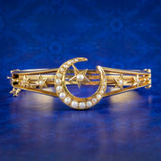 Antique Victorian Celestial Crescent Pearl Bangle 18ct Gold With Box