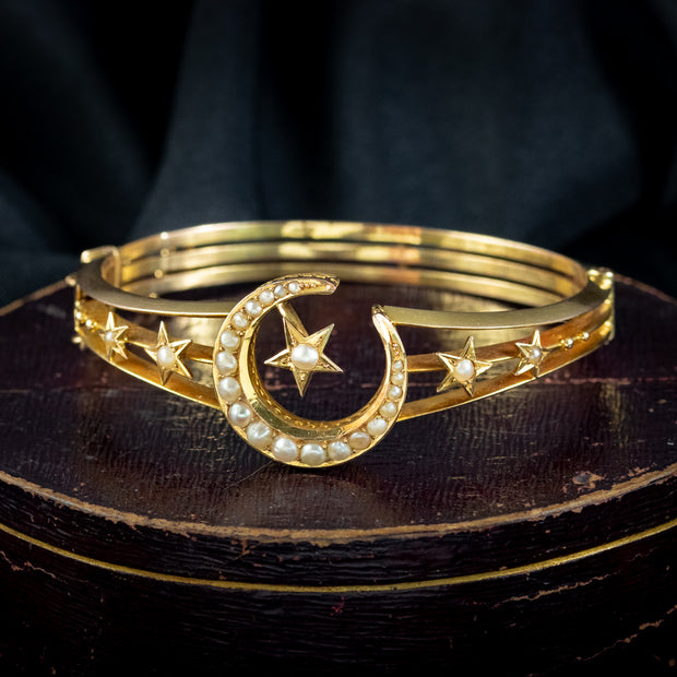 Antique Victorian Celestial Crescent Pearl Bangle 18ct Gold With Box