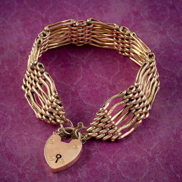 Antique Victorian Chunky Gate Bracelet 9ct Gold Heart Padlock
