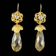 Antique Victorian Citrine Diamond Drop Earrings 18ct Gold