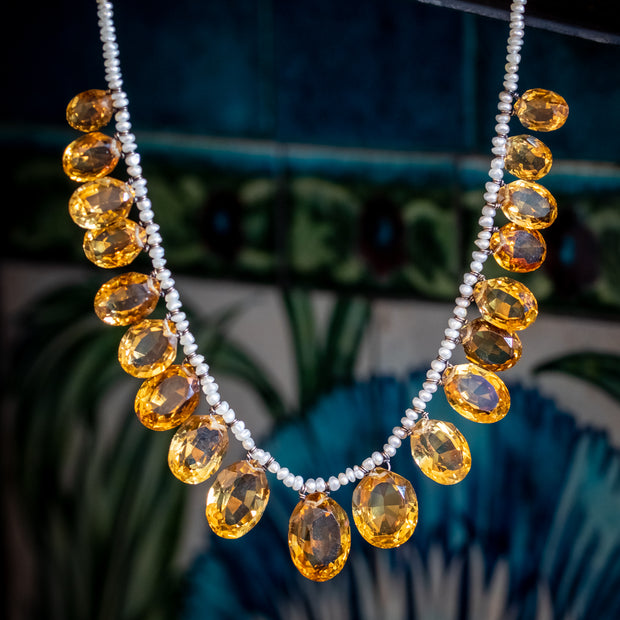 Antique Victorian Citrine Pearl Garland Necklace Circa 1900