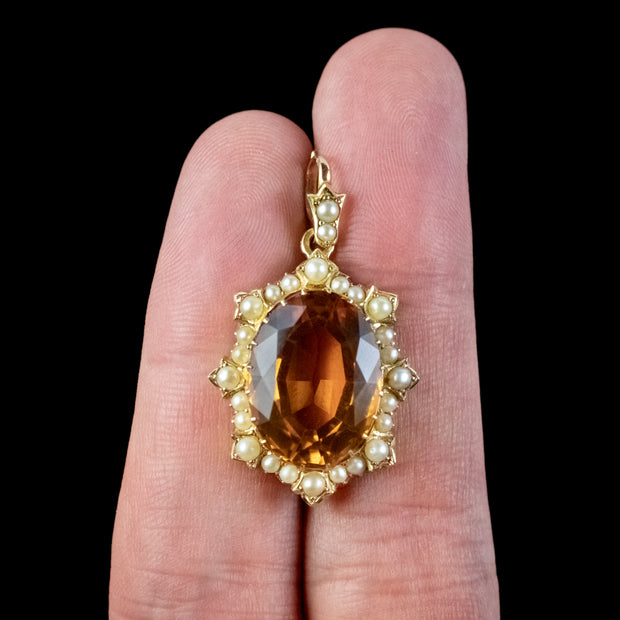 Antique Victorian Citrine Pearl Pendant 15ct Gold