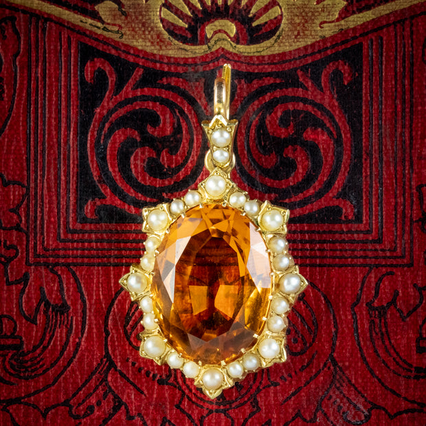 Antique Victorian Citrine Pearl Pendant 15ct Gold