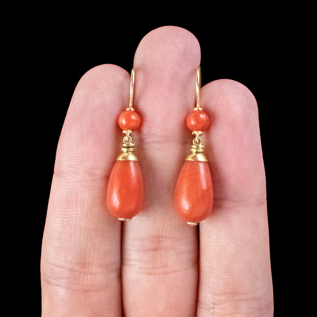 Antique Victorian Coral Bomber Earrings 18ct Gold