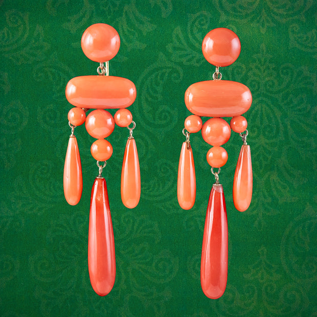 Antique Victorian Coral Chandelier Drop Earrings 18ct Gold